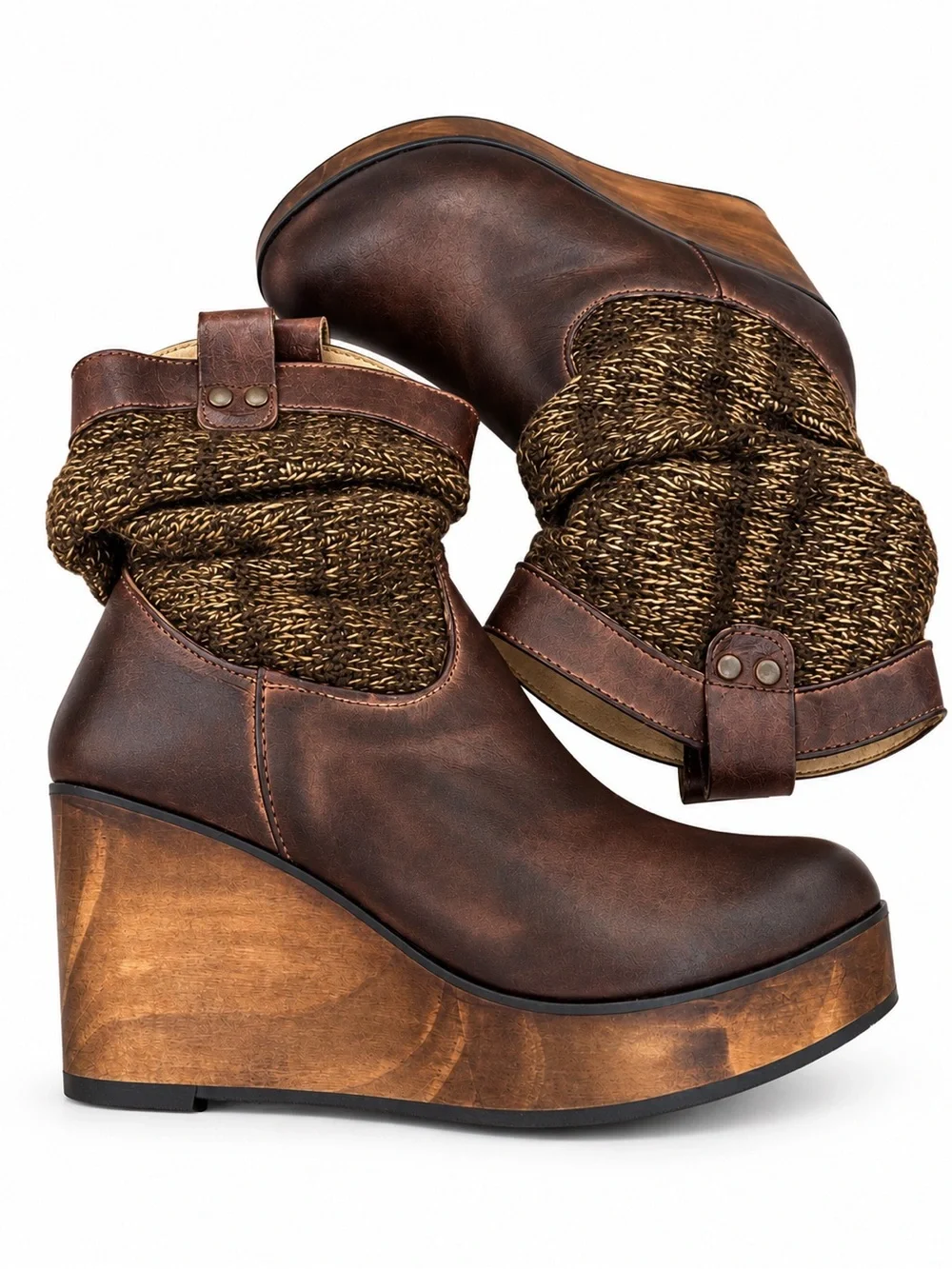 Bed Stu Brown Leather Wedge Boots with Knit Cuff
